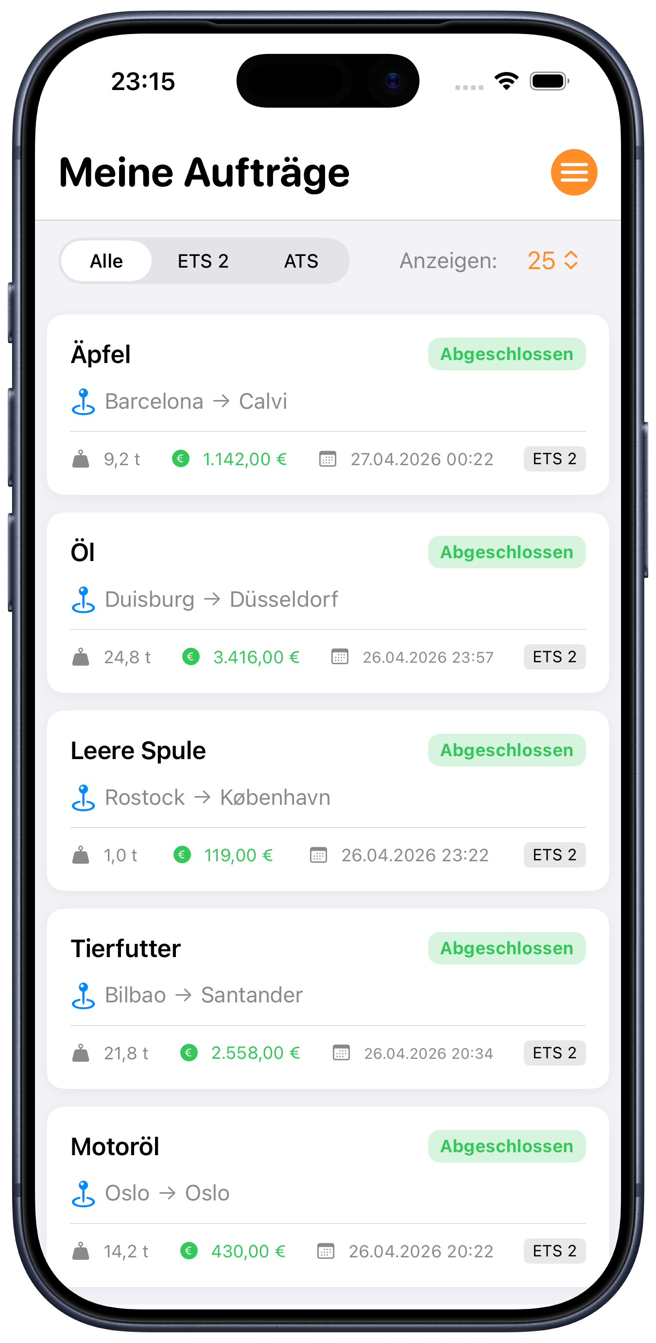 Screenshot: Auftragshistorie