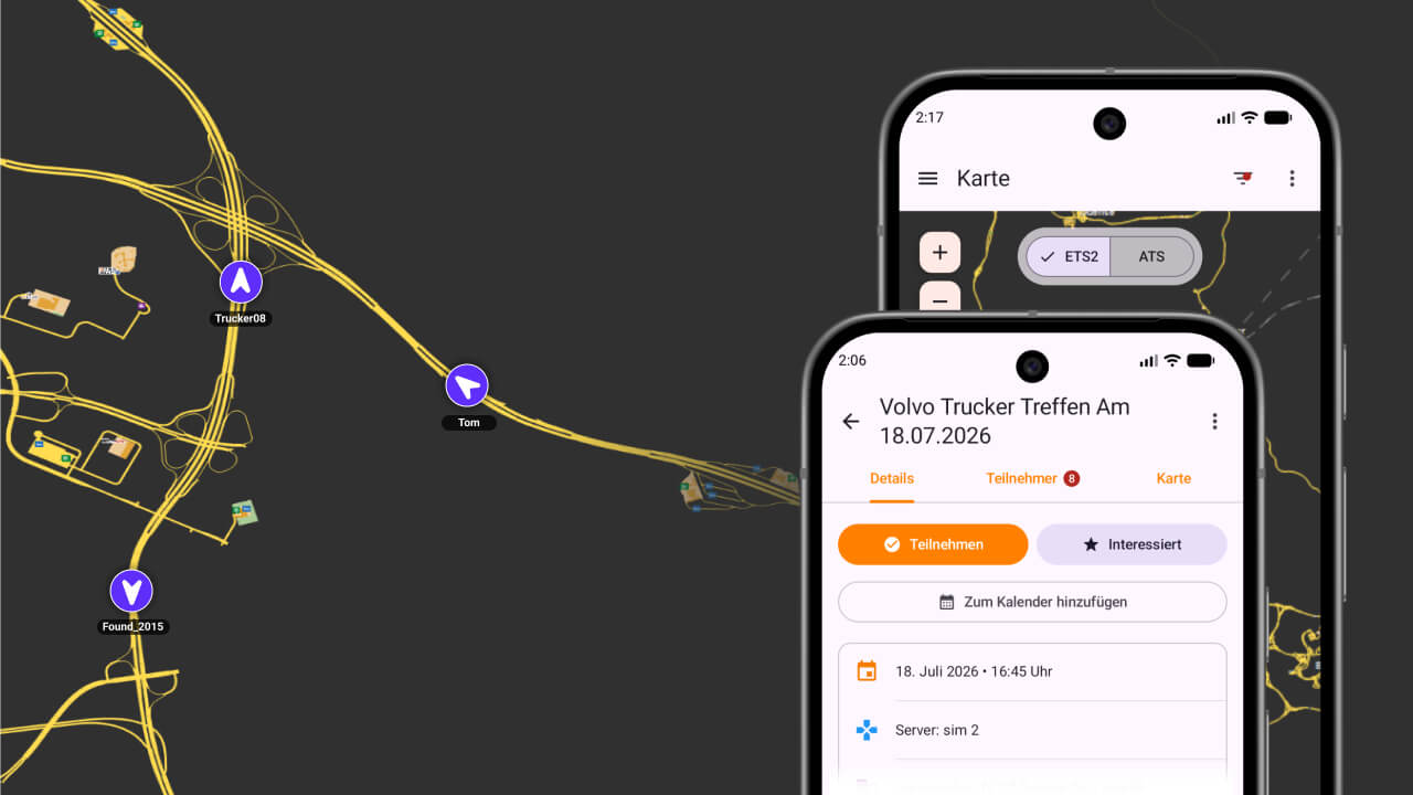 Bildschirmfoto der verbesserten Live-Karte und Events in der Trucking VS App