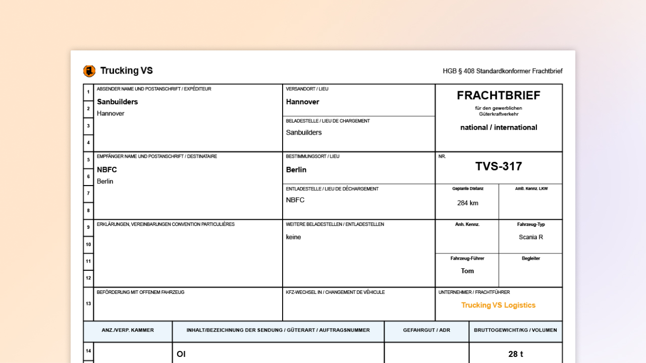 Ausschnitt eines automatisch generierten Frachtbriefes